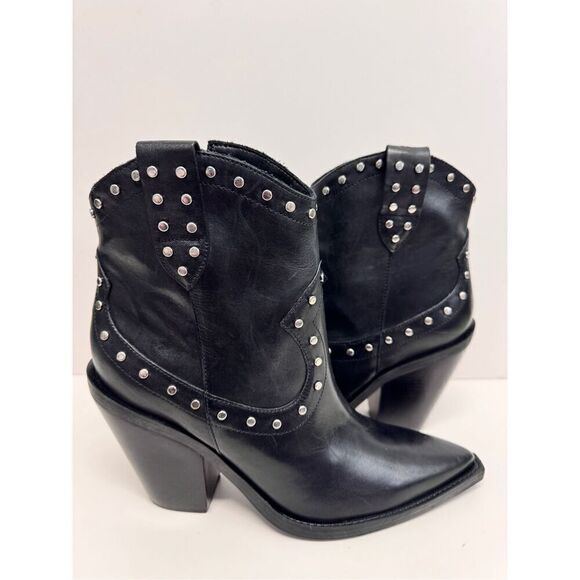 Arezzo Boots Size 10B Black Leather Block Heel Studded Booties Side Zip NEW - Picture 5 of 10